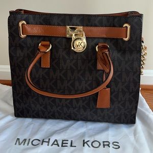 Michael Kors Brown Signature Logo MK Hamilton Lock Large Crossbody Tote Bag